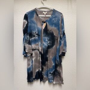 UMGEE USA Tie Dye Bell Sleeve Keyhole Metallic Threading in Blue Dress Size S